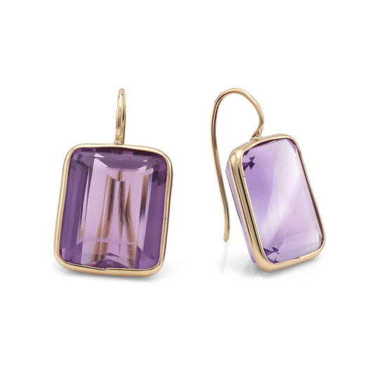 M Estate Collection Drop Color Gemstone Earrings in 14 Karat Yellow with 2 Rectangular Amethysts 14.50ctw 14.22mm