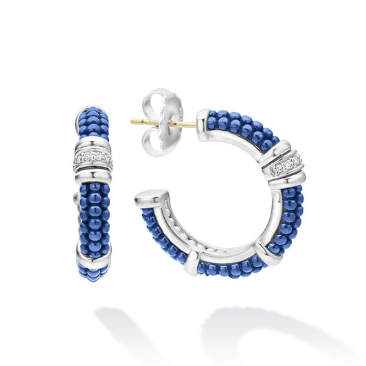 Blue Caviar Collection Small Hoop Earth Mined Diamond Earrings in Sterling Silver - Ceramic White - Blue with 0.11ctw Round Diamonds