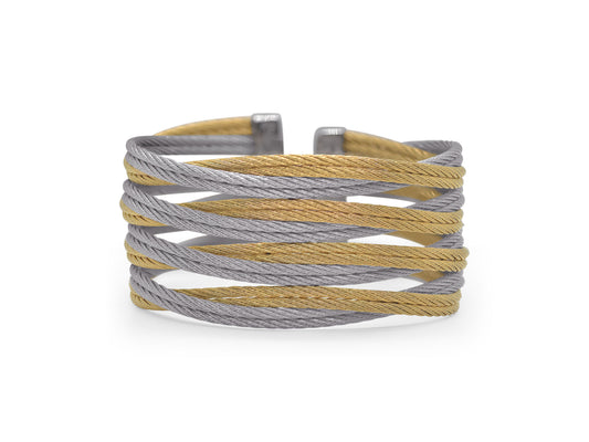 Cuff Bracelet (No Stones) in Stainless Steel Cable - 18 Karat White - Yellow