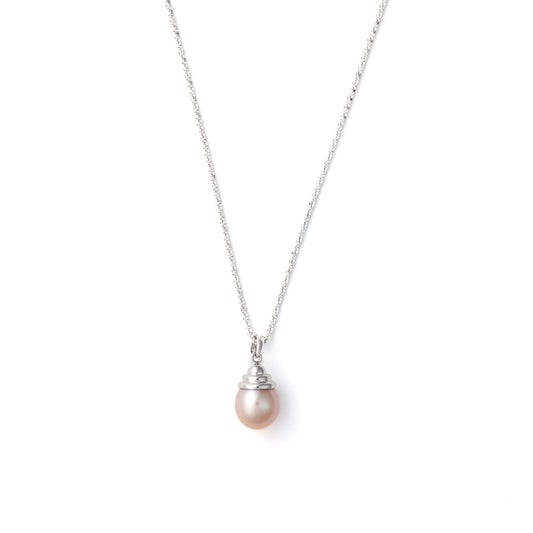 Rose pearl pendant on white gold chain.