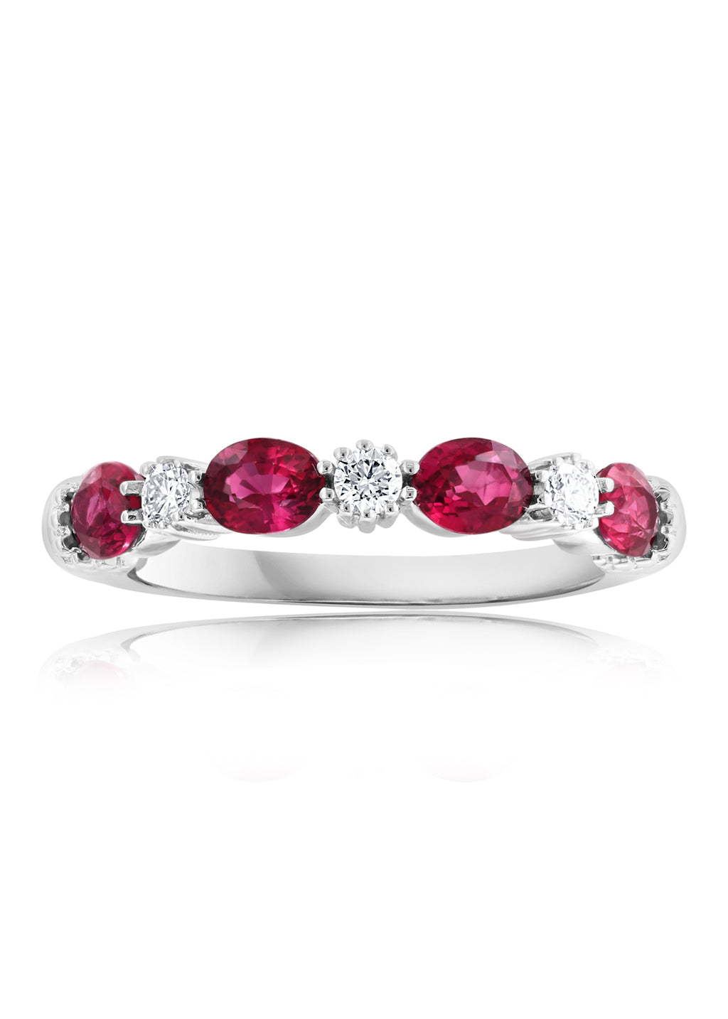 14K white gold band with oval rubies.
