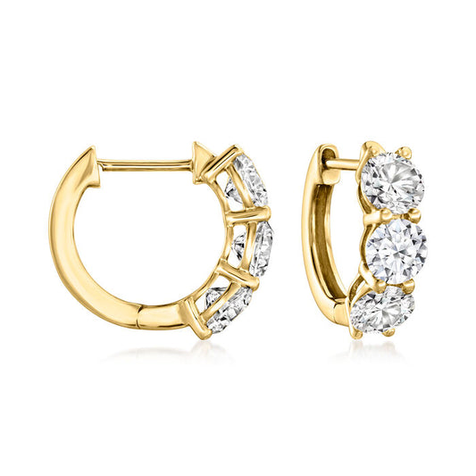 14K gold huggie earrings, three round diamonds.