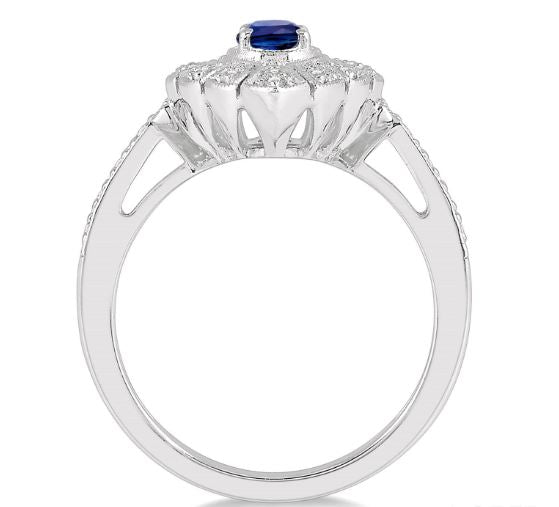 Oval sapphire ring with diamond accents.