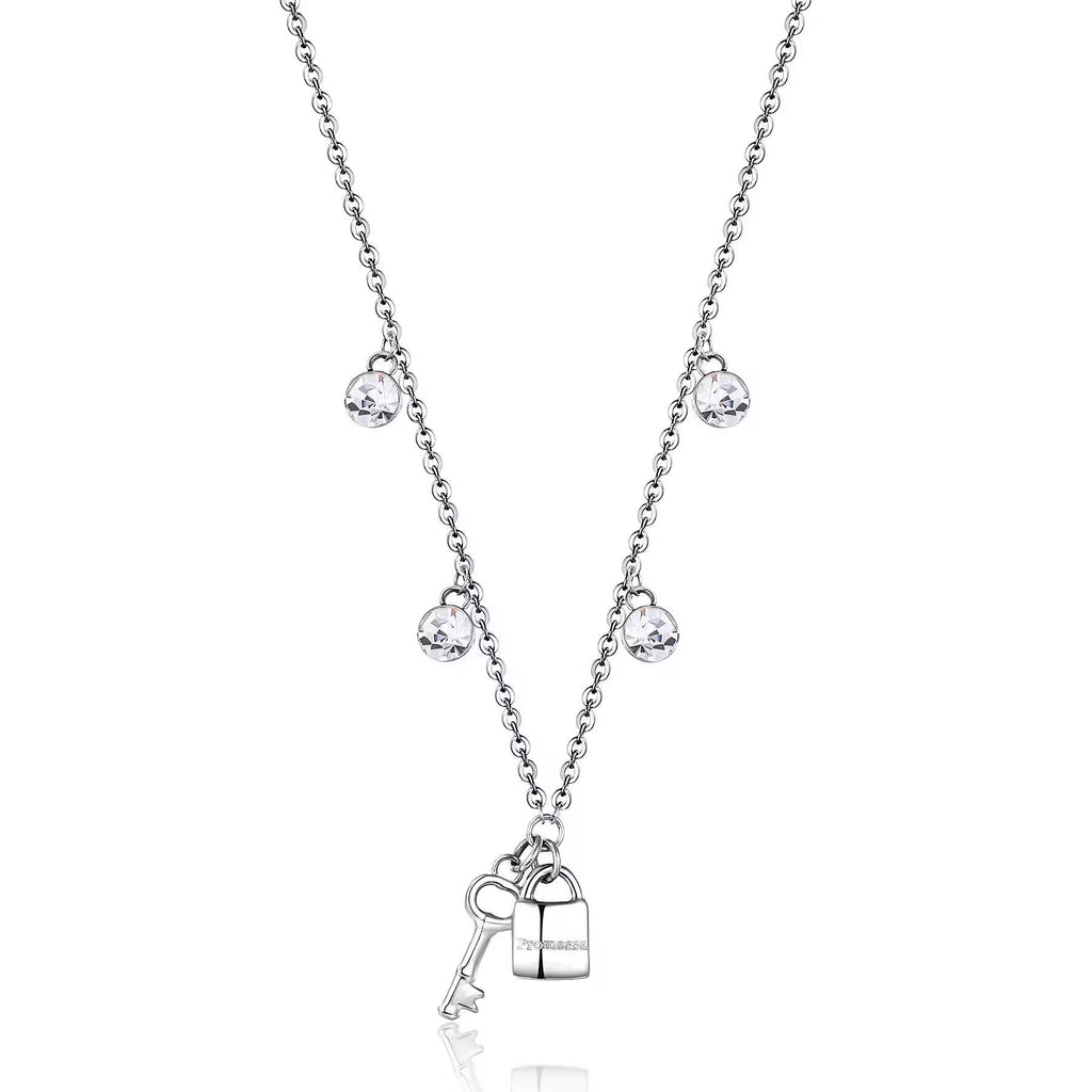 Simulated diamond necklace with key and lock charms.
