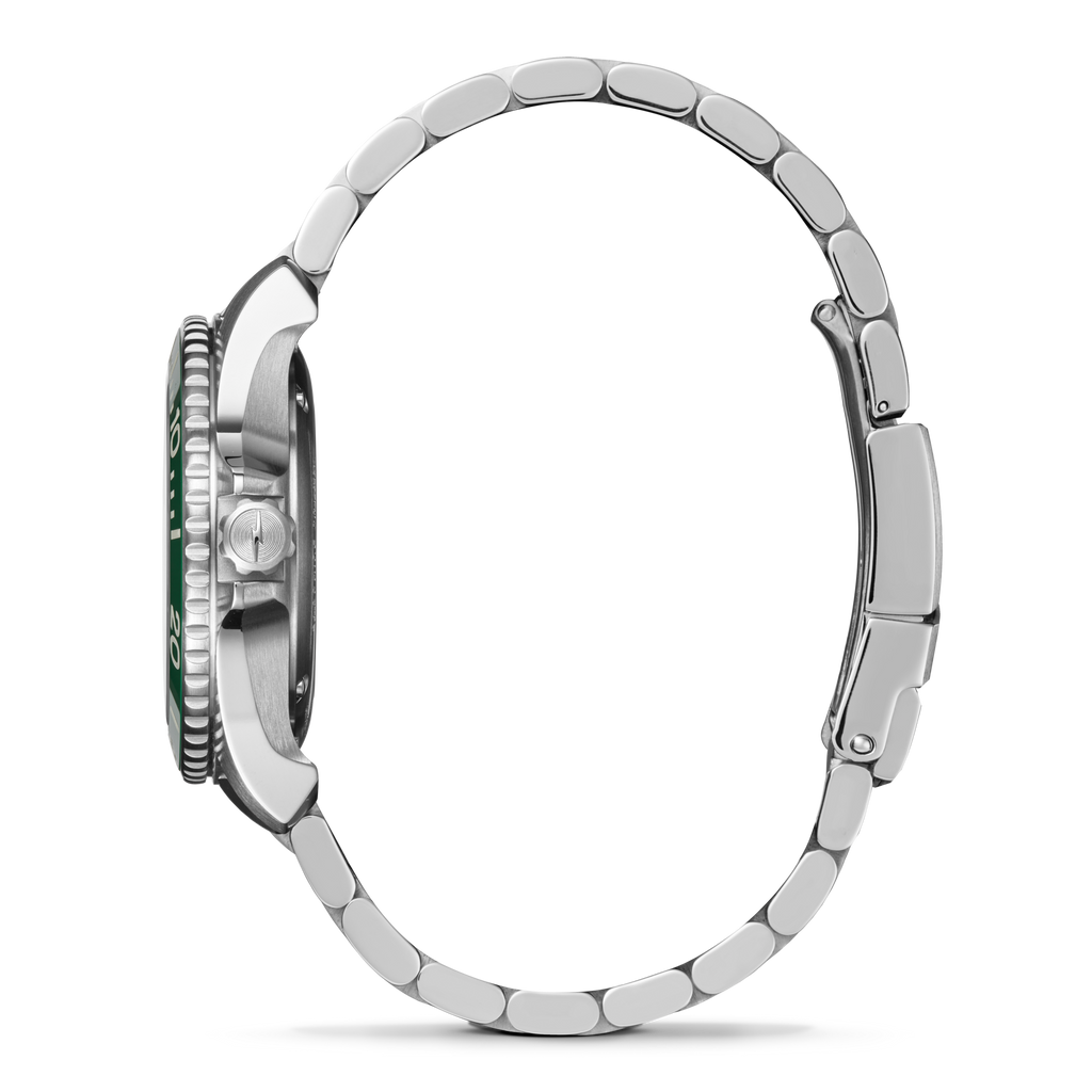 Stainless steel watch with green dial.