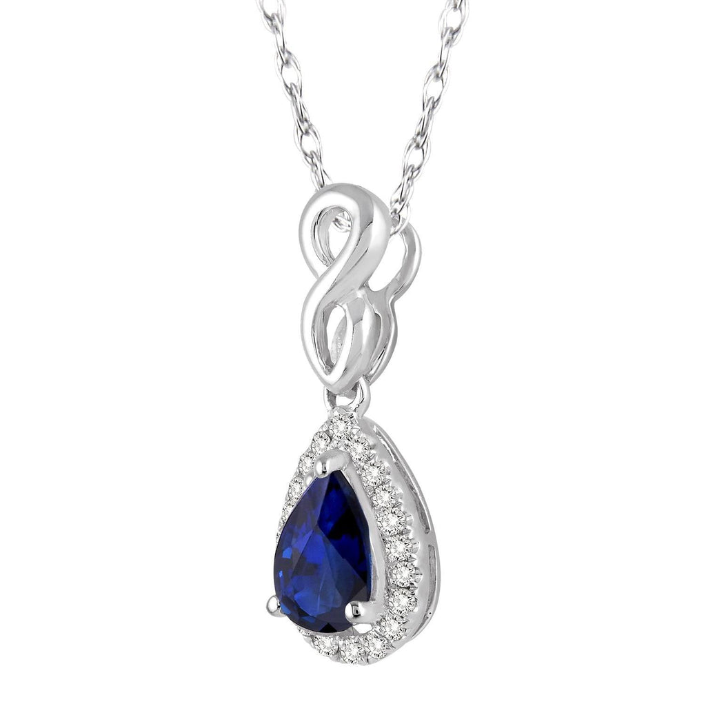 Pear sapphire necklace with diamond halo.
