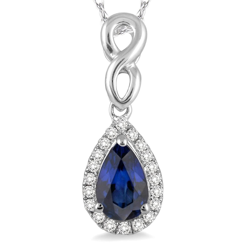 Pear sapphire necklace with diamond halo.