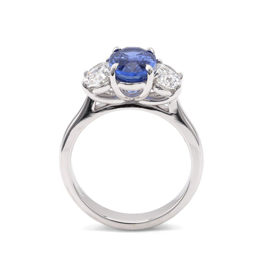 ReMARKable Designs blue sapphire and diamond three stone ring in 18K white gold, side profile