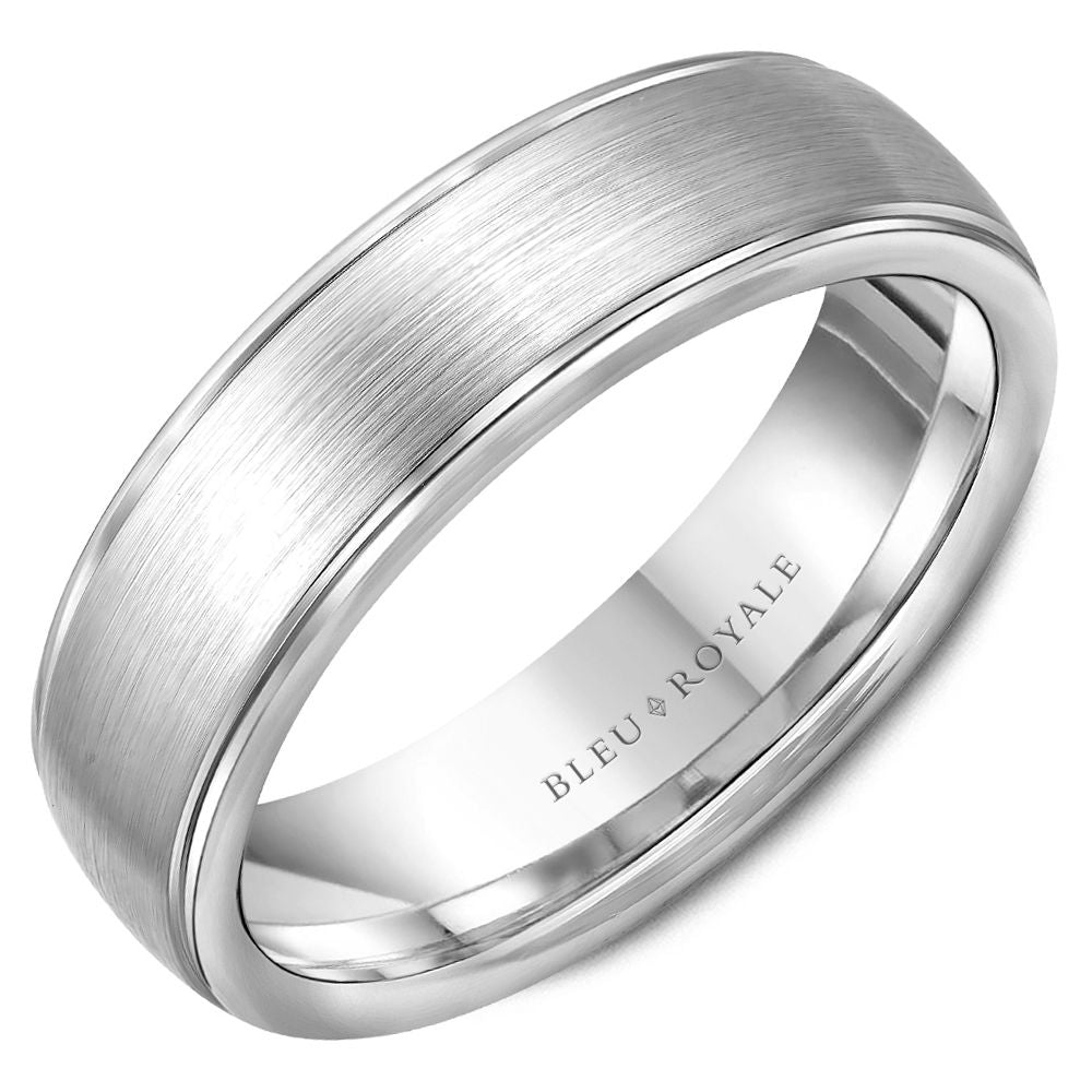 14K white gold carved band, satin finish.