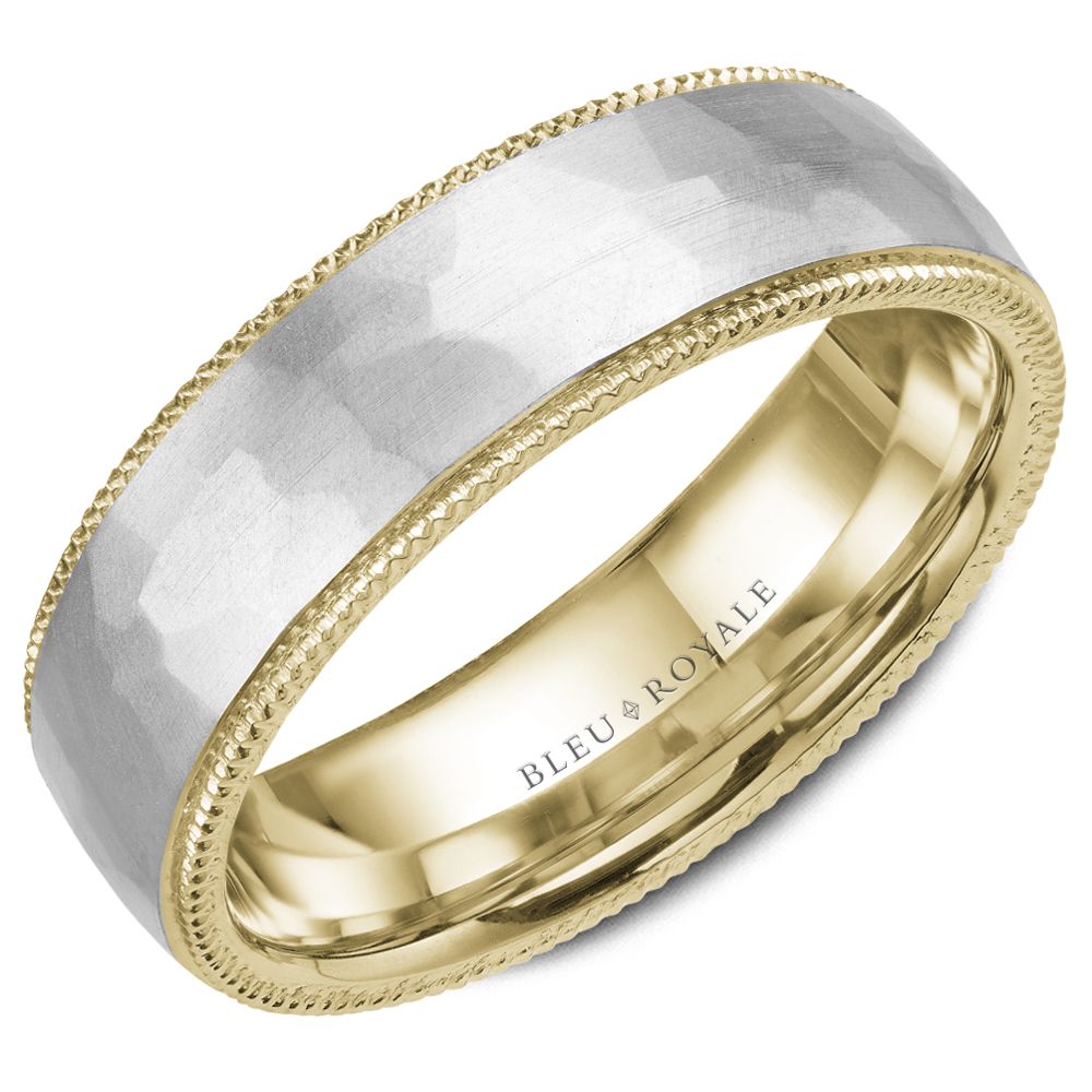 Two-tone carved gold band, satin finish.
