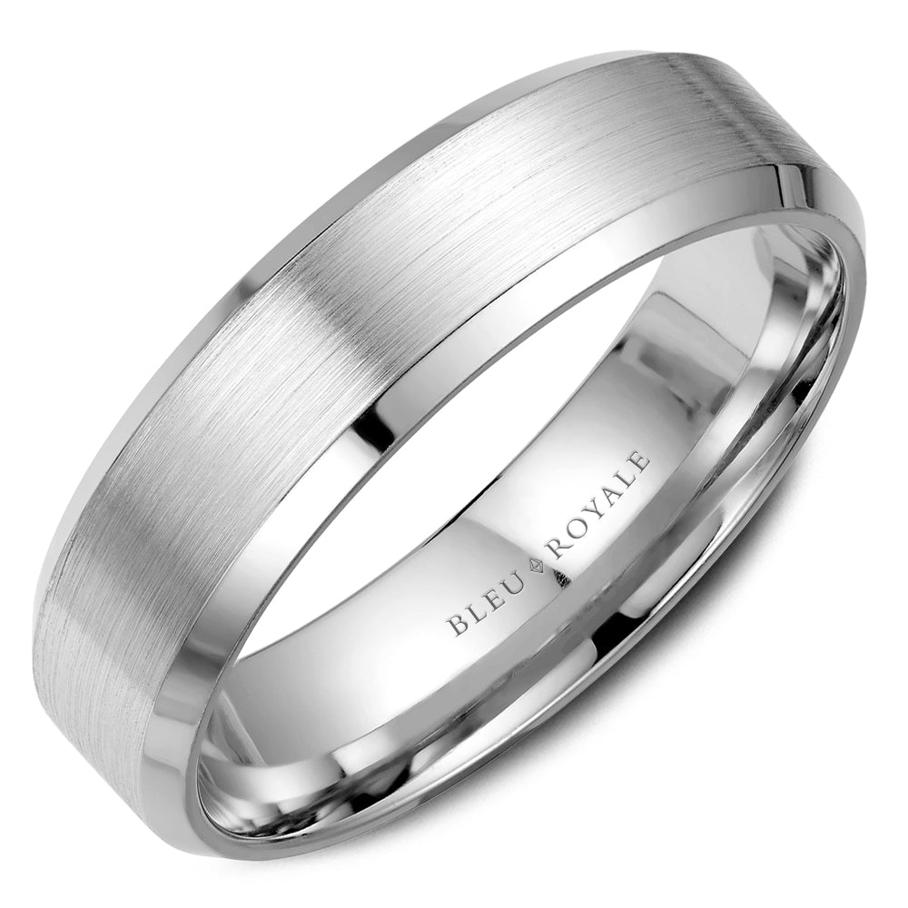 14K white gold carved band, satin finish.