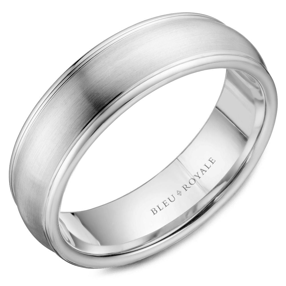 14K white gold carved band, polished satin finish.