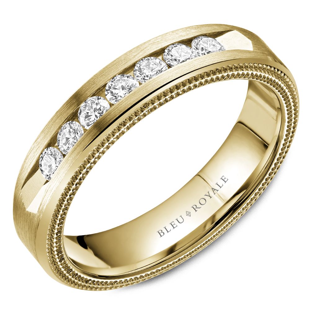 14K yellow gold band with round diamonds.