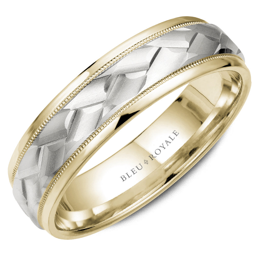 Dual-tone carved gold band, intricate texture.
