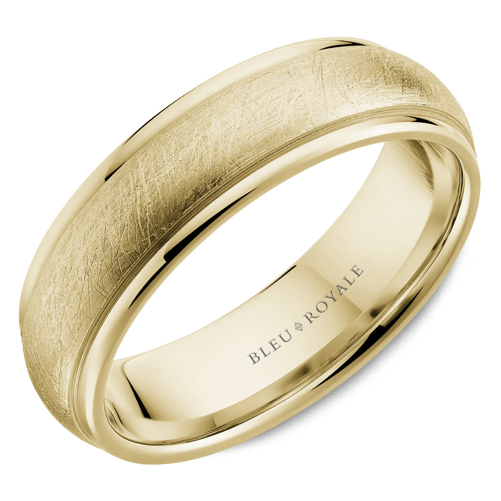 14K yellow gold carved band, diamond-brushed finish.
