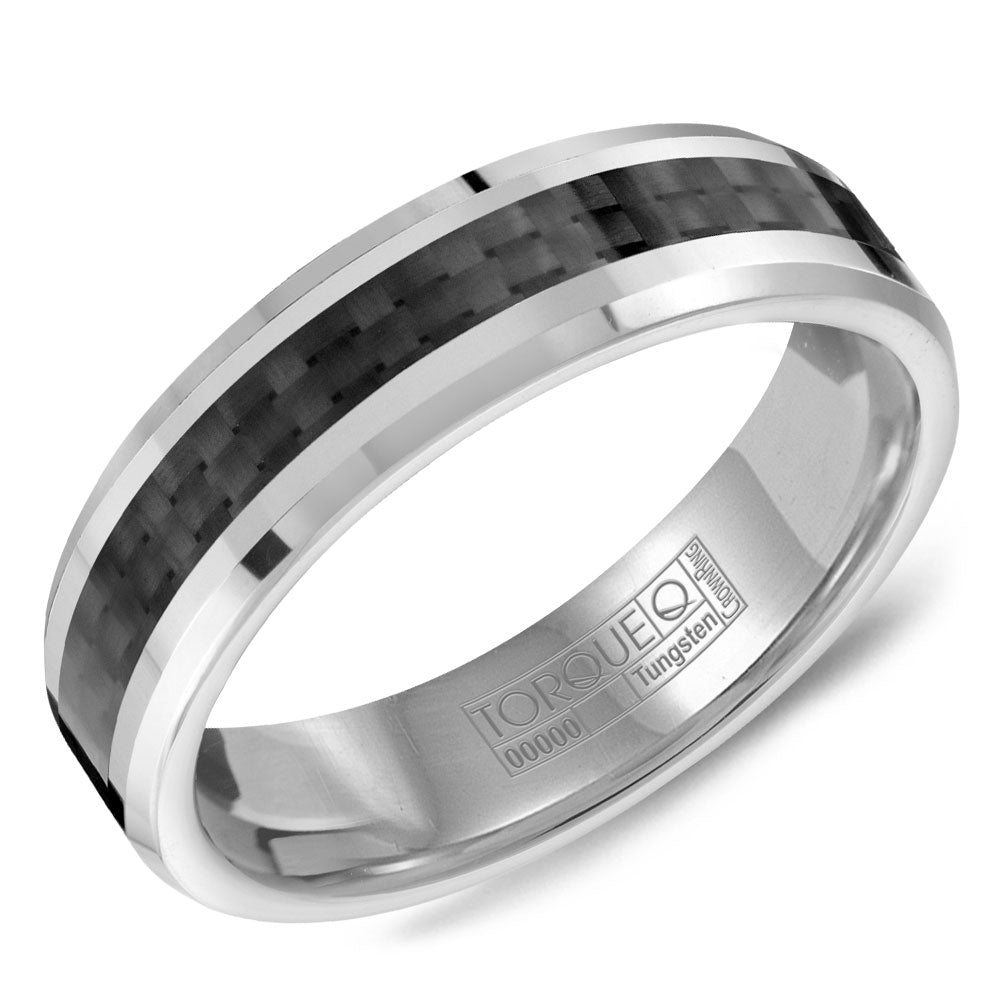Tungsten carbide ring, black-grey carved design.
