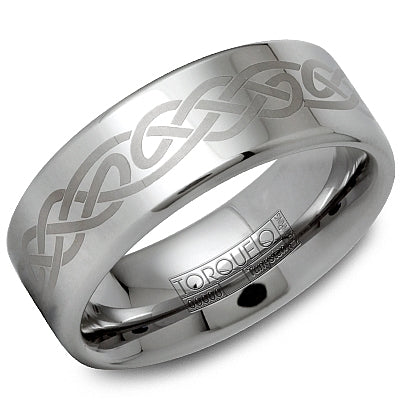 Tungsten carbide grey band with carved design.