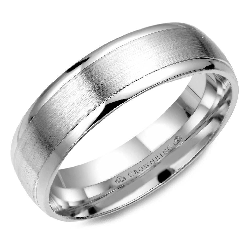14K white gold carved band, polished satin finish.