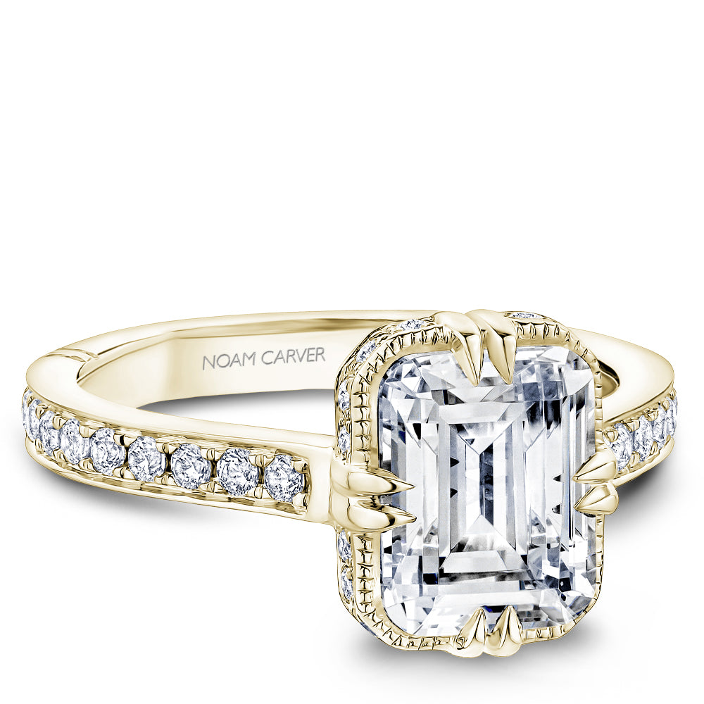 Yellow gold ring with round diamond accents.