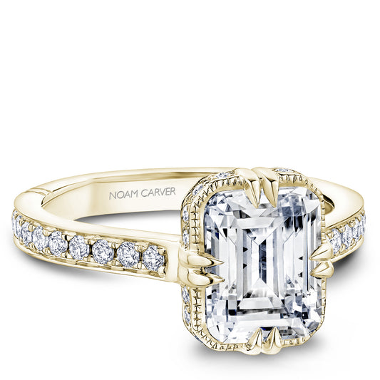 Yellow gold ring with round diamond accents.