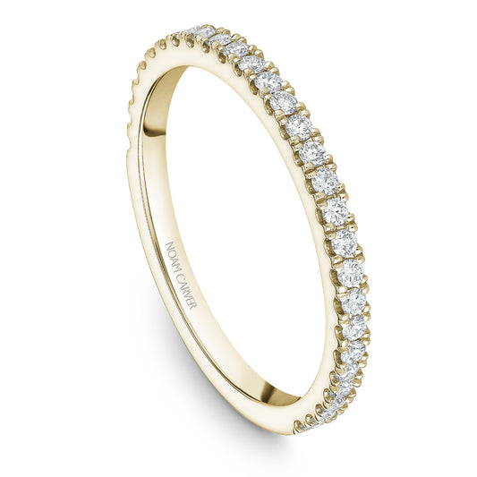 Yellow gold band with round diamonds.