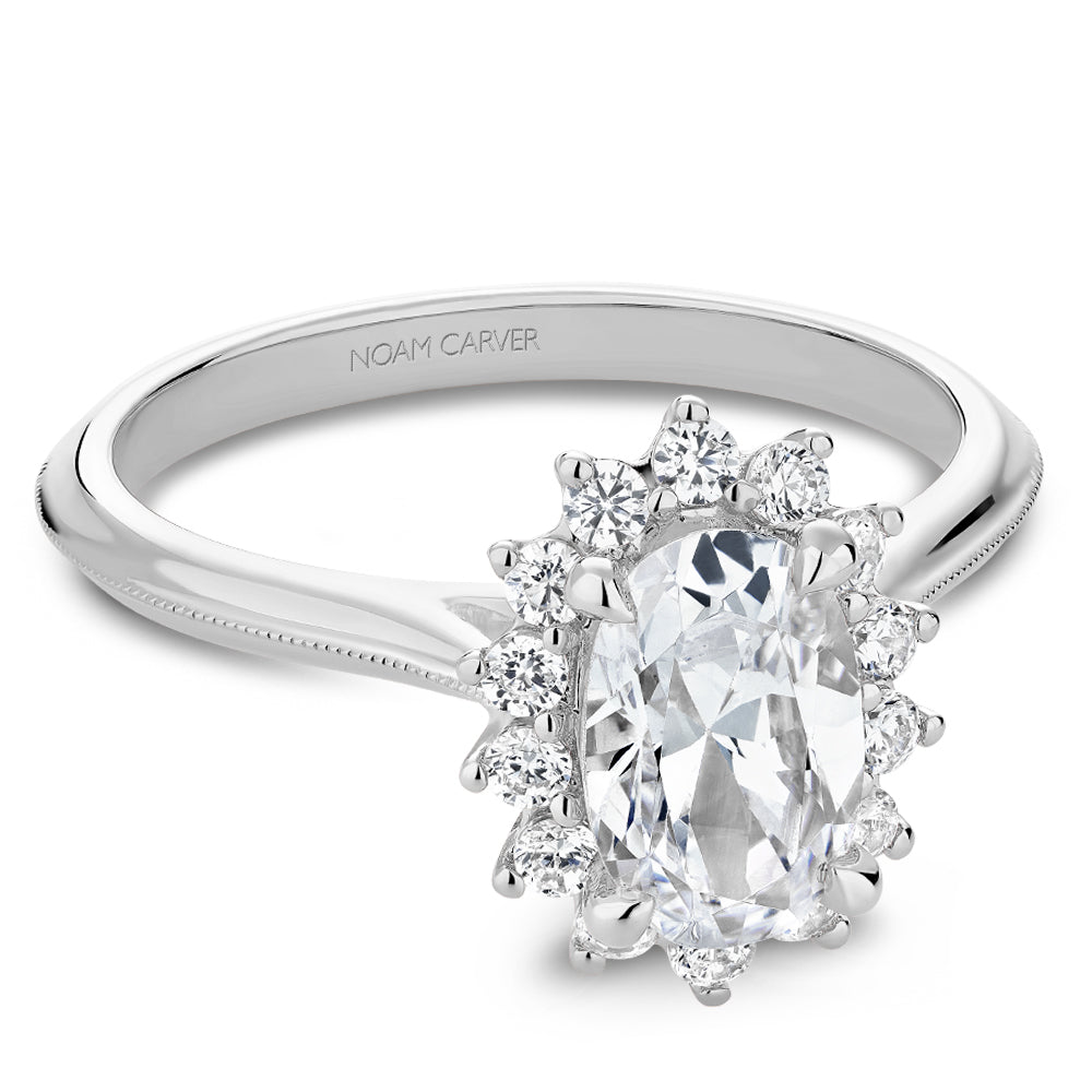 Halo diamond semi-mount ring in white gold.