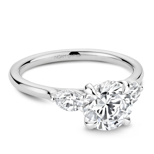 14K white gold three-stone diamond ring.
