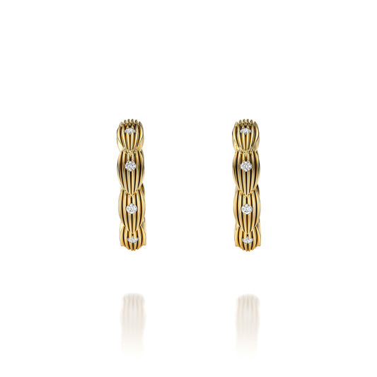 14K gold hoops with round diamonds.