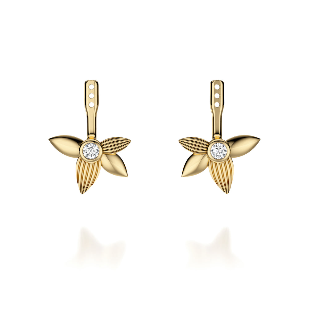 Yellow gold floral earrings with round diamonds.