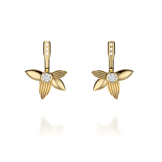 Yellow gold floral earrings with round diamonds.
