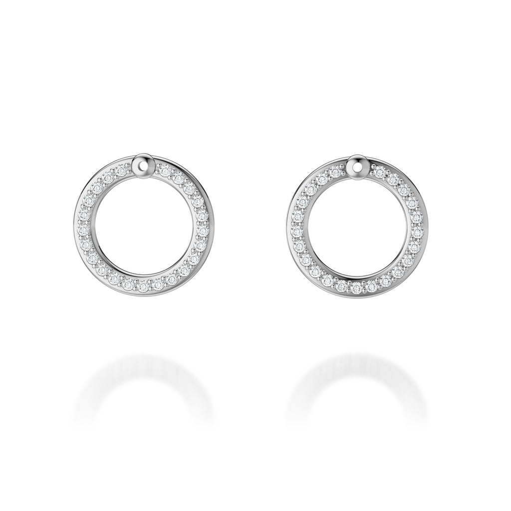 14K white gold circle diamond earrings.