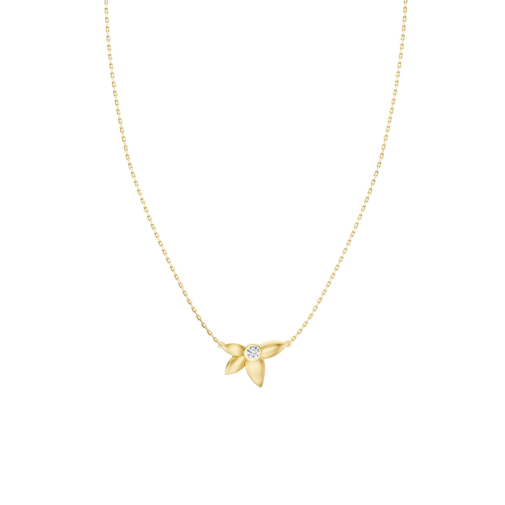 Yellow gold necklace with round diamond centerpiece.