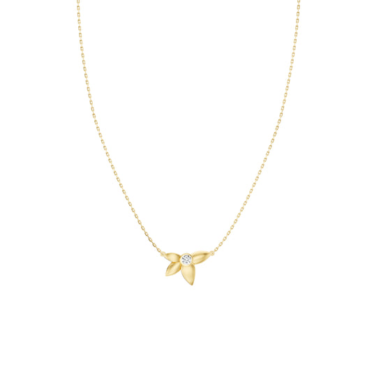 Yellow gold necklace with round diamond centerpiece.