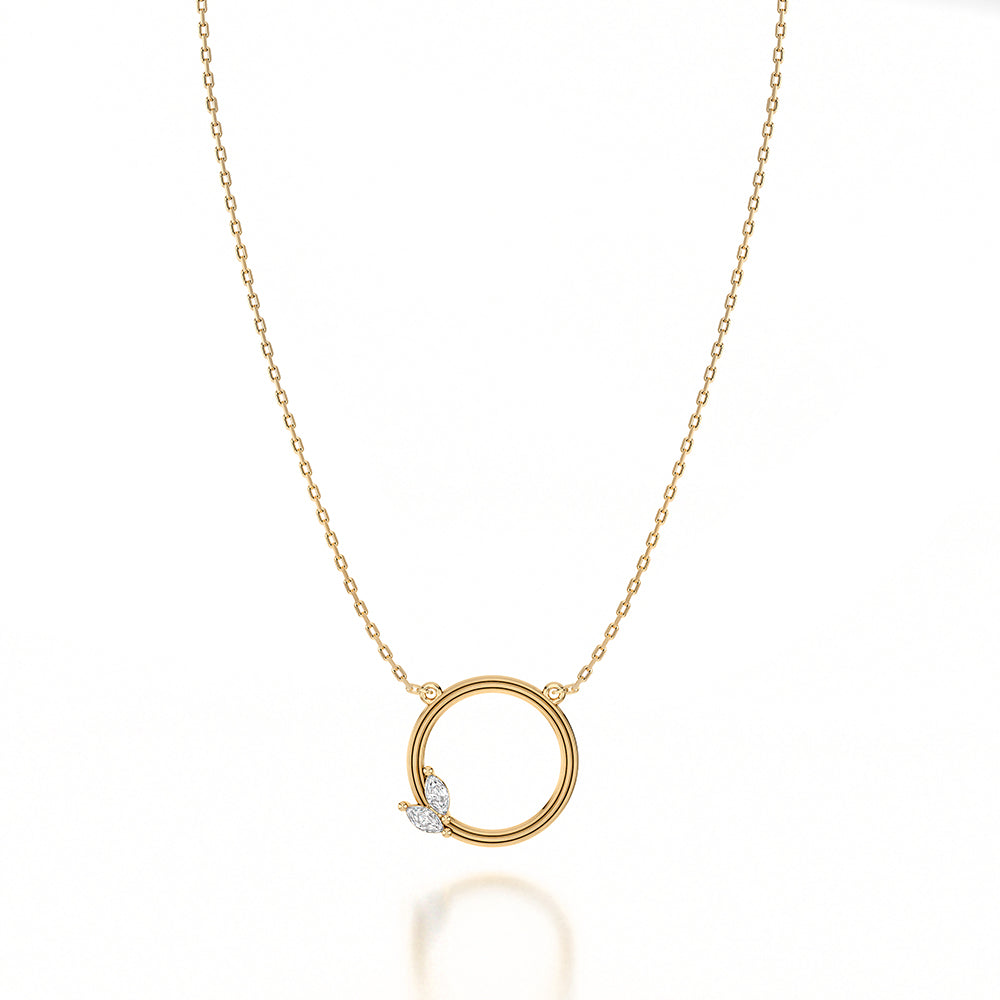 Yellow gold necklace with marquise diamond circle.