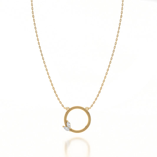 Yellow gold necklace with marquise diamond circle.