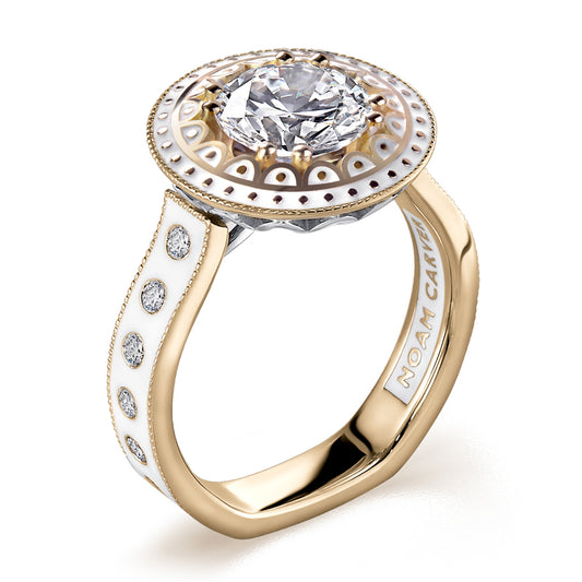 Yellow enamel diamond-accent engagement ring, intricate design.