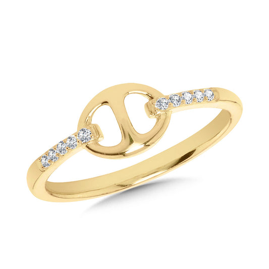 Yellow gold ring with round diamond accents.