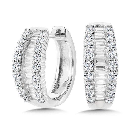 14K white gold diamond huggie earrings.