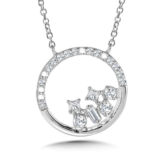 Diamond circle necklace with various shapes.