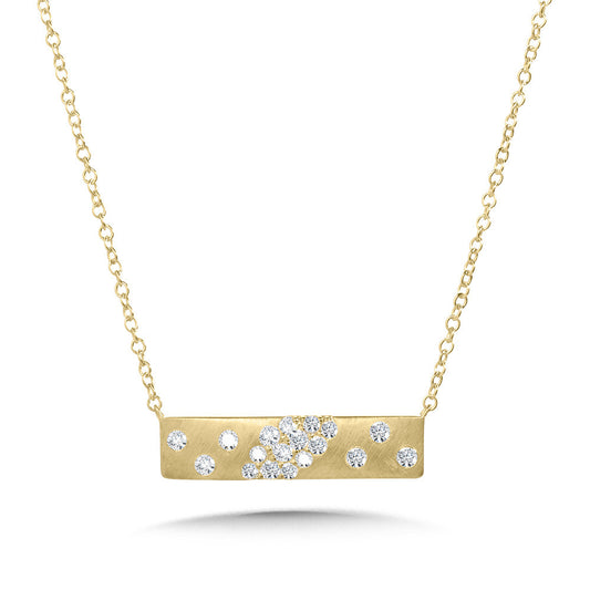 Yellow gold bar necklace with round diamonds.