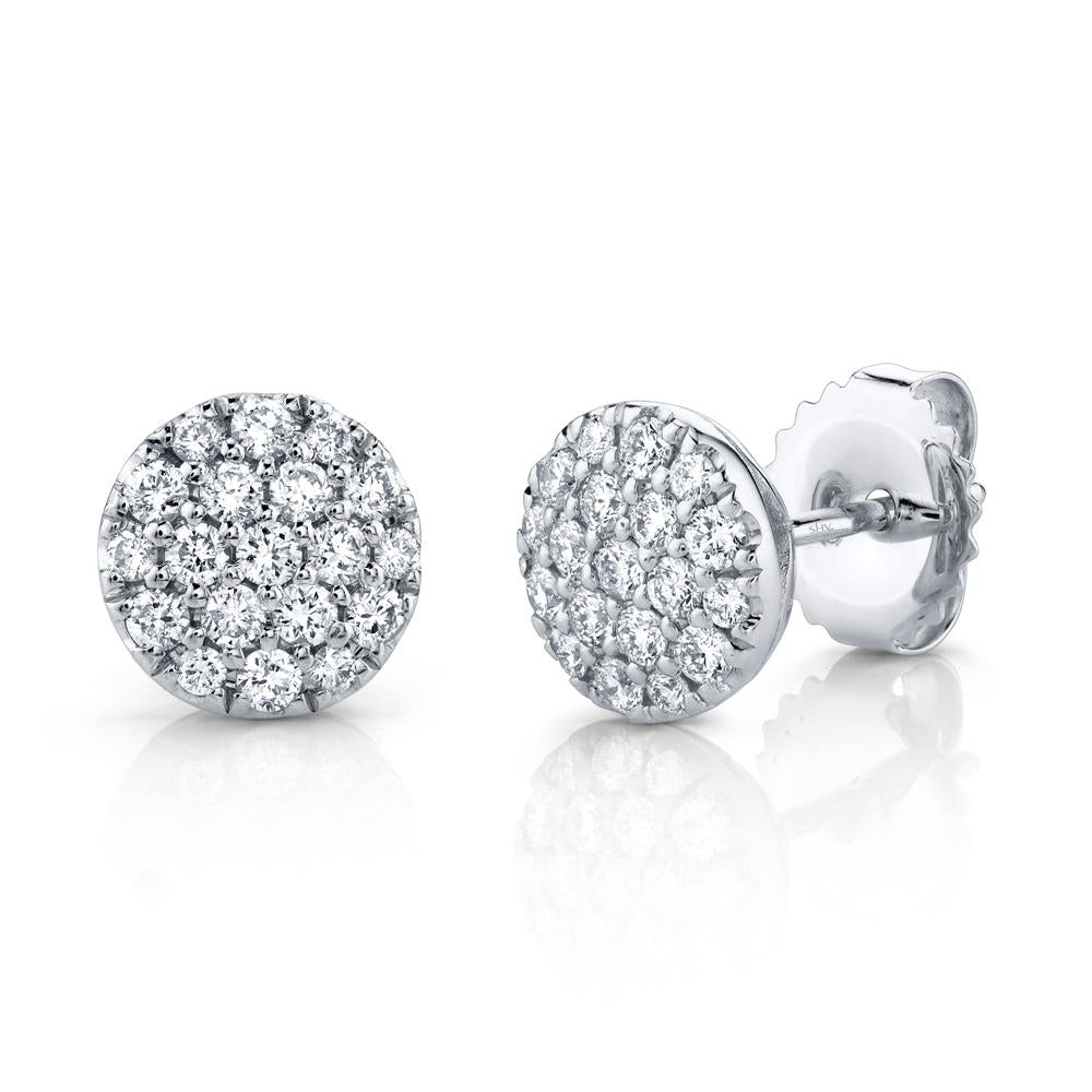 Round diamond cluster stud earrings in white gold.