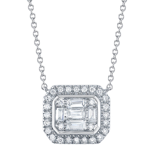 Square diamond pendant with halo design.