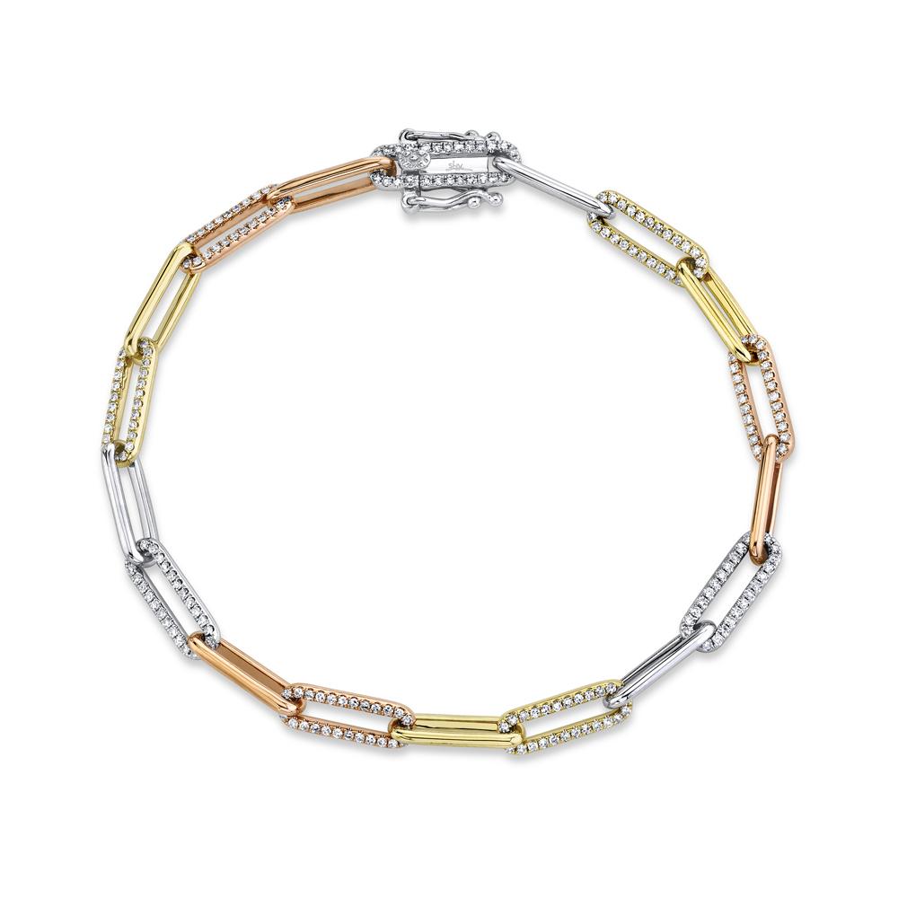Tri-tone diamond paperclip bracelet design.