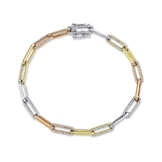Tri-tone diamond paperclip bracelet design.