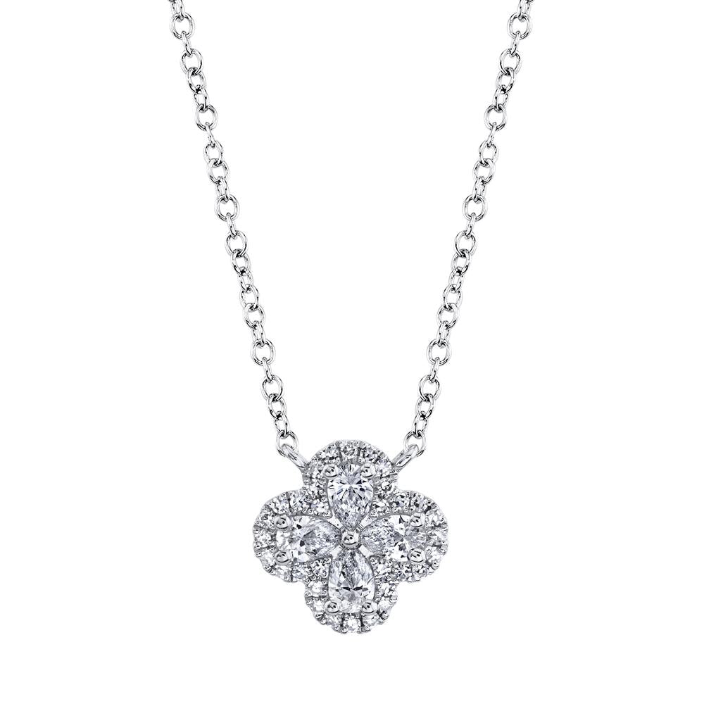 Diamond clover pendant, white gold chain.