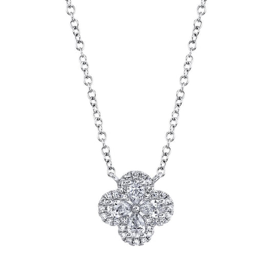 Diamond clover pendant on white gold chain.