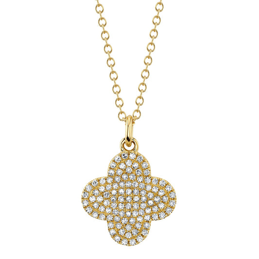 Clover-shaped diamond necklace, yellow gold chain.