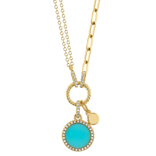 Yellow gold necklace with turquoise pendant.