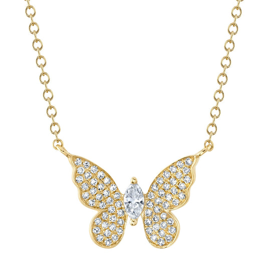 Butterfly-shaped diamond necklace in yellow gold.