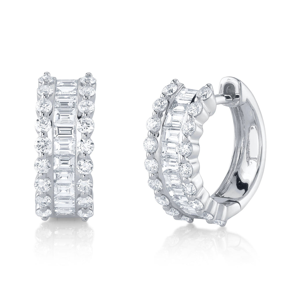 Huggie earrings with various-shaped diamonds.